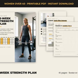 Peut inclure: Un guide d'entraînement de 41 pages au format PDF imprimable pour un programme de renforcement de 12 semaines. La couverture montre une personne soulevant une barre hexagonale en salle de sport avec un calendrier hebdomadaire et des exercices.