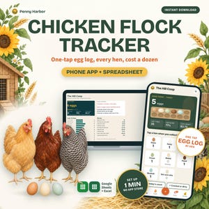 Könnte beinhalten: Ein digitaler Hühnerbestand-Tracker mit App- und Tabellenkalkulations-Schnittstelle. Die Grafik zeigt drei Hühner, Eier, Sonnenblumen und Text, darunter "CHICKEN FLOCK TRACKER", "One-tap egg log, every hen, cost a dozen" und "The Hill Coop".