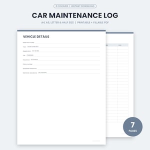 Car Maintenance Log Printable and Fillable PDF, Vehicle Service Record, Oil Change Tracker, Fuel Log, Auto Repair Log PDF