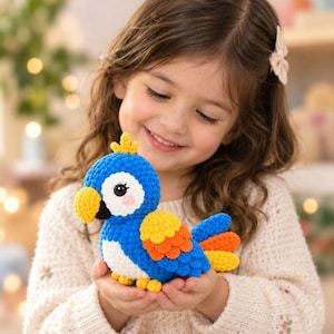 May include: A small, handcrafted crochet parrot toy featuring a bright blue body, a white chest, and a yellow beak. The bird has orange and yellow wing feathers, a yellow crest on its head, and black eyes with white highlights, showcasing detailed yarn texture.