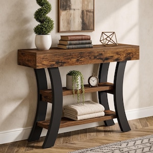 Rustic Farmhouse Console Table with Black Curved Legs – 3-Tier Wood Entryway Sofa Table with Storage Shelves