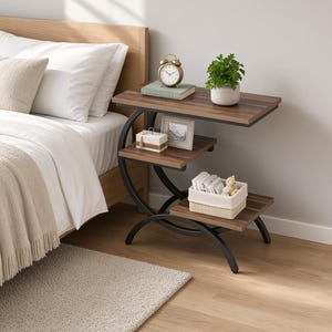 Peut inclure: Une table d'appoint à trois niveaux avec une finition en bois foncé et un cadre en métal noir incurvé. La table supporte une horloge analogique dorée, une petite plante verte dans un pot blanc, un cadre photo et un panier tressé.
