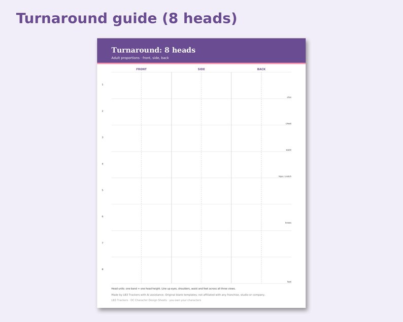 OC Character Design Sheets preview: Turnaround guide (8 heads)