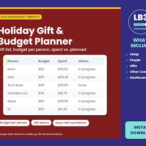 Holiday Gift Budget Planner cover with what's included list, LB3 Trackers