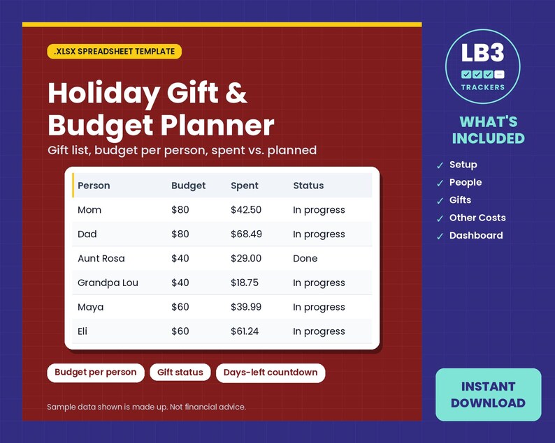 Holiday Gift Budget Planner cover with what's included list, LB3 Trackers
