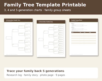 Family Tree Template Printable, 3 4 5 Generation Family Tree Chart, Genealogy Worksheet, Family Group Sheet, School Project PDF