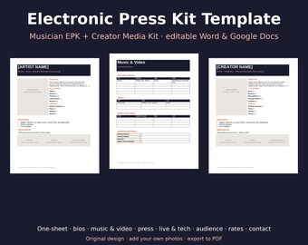Electronic Press Kit Template, Musician EPK, Creator Media Kit, Editable Word Google Docs, Band One Sheet, Influencer Media Kit