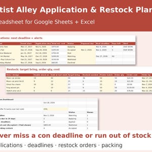 Artist Alley Application & Restock Planner cover showing sample pages