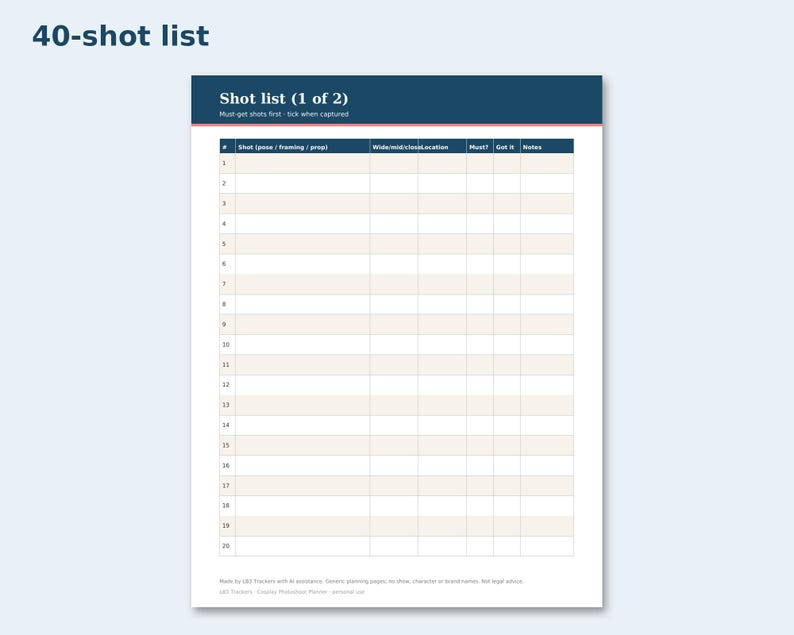 Cosplay Photoshoot Planner preview: 40-shot list