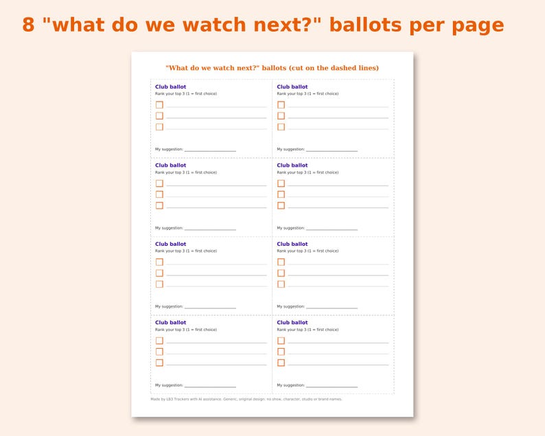 Anime Club & Watch Party Kit preview: 8 "what do we watch next?" ballots per page