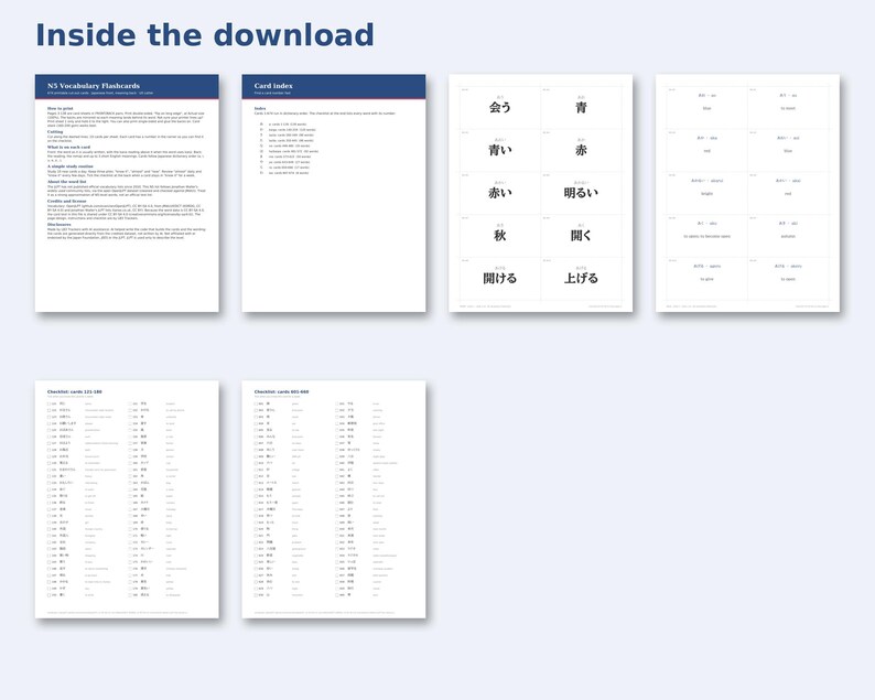 Inside the N5 Japanese Vocabulary Flashcards: sample pages
