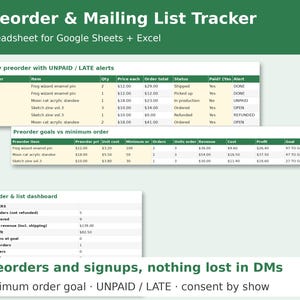 Preorder & Mailing List Tracker cover showing sample pages