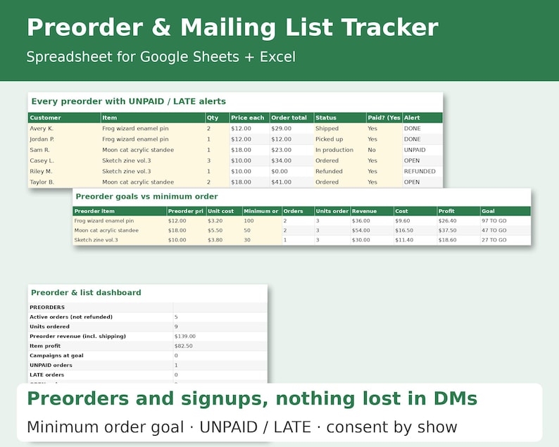 Preorder & Mailing List Tracker cover showing sample pages