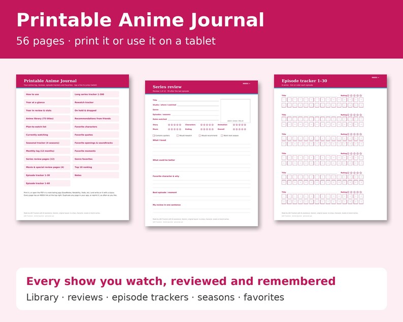 Printable Anime Journal cover showing sample pages