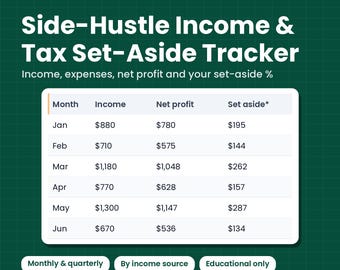 May include: A digital spreadsheet template titled Side-Hustle Income & Tax Set-Aside Tracker on a dark green grid background. It features a table displaying monthly income, net profit, and set-aside amounts in dollars for January through June.