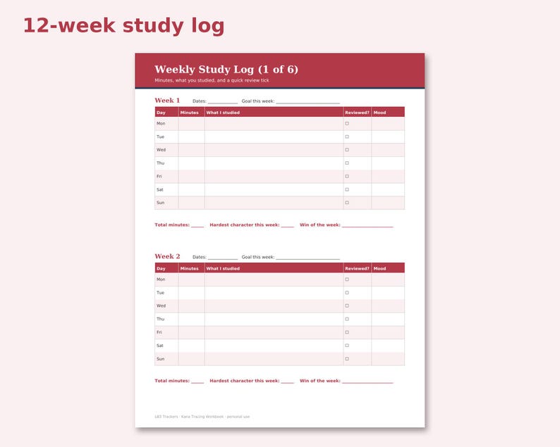 Hiragana & Katakana Workbook preview: 12-week study log