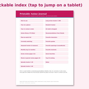 Printable Anime Journal preview: Clickable index (tap to jump on a tablet)