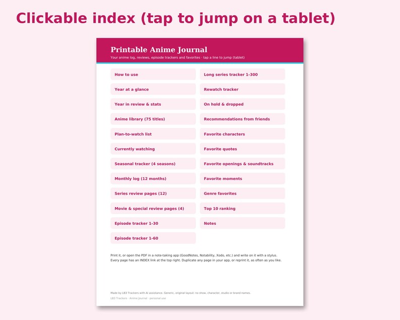 Printable Anime Journal preview: Clickable index (tap to jump on a tablet)
