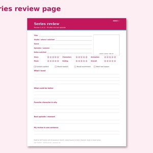 Printable Anime Journal preview: Series review page