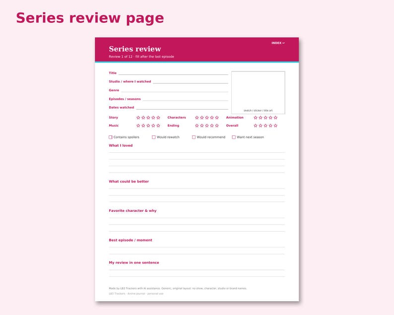 Printable Anime Journal preview: Series review page