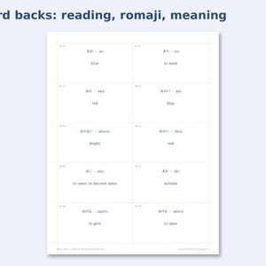 N5 Japanese Vocabulary Flashcards preview: Card backs: reading, romaji, meaning