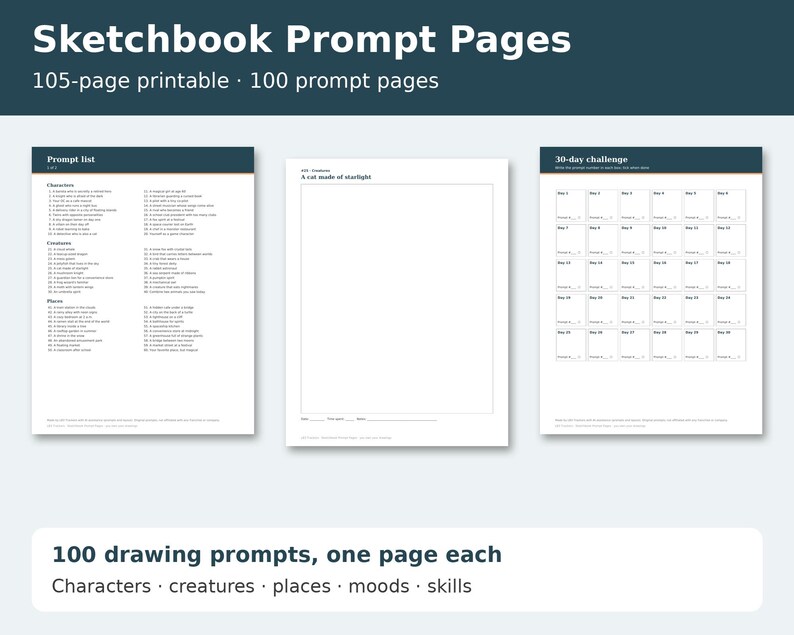 Sketchbook Prompt Pages cover showing sample pages
