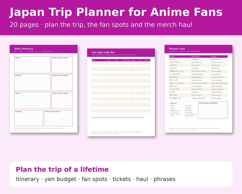 Japan Trip Planner for Anime Fans cover showing sample pages