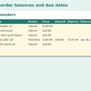 Figure & Merch Collection Tracker preview: Preorder balances and due dates