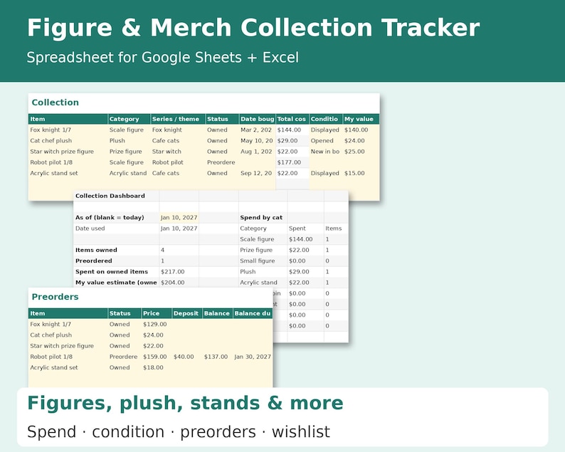 Figure & Merch Collection Tracker cover showing sample pages