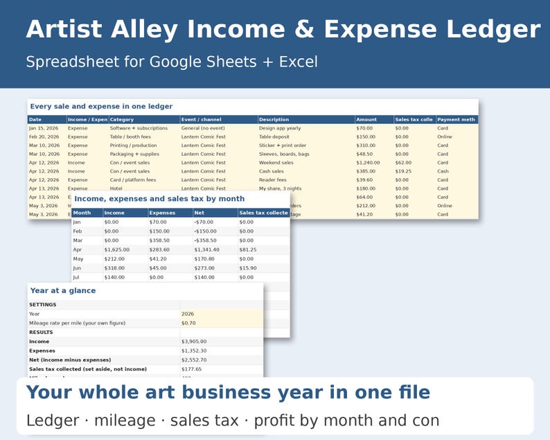 Artist Alley Income & Expense Ledger cover showing sample pages