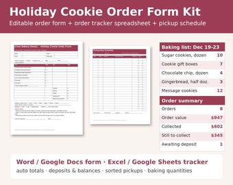 Cookie Order Form Editable, Holiday Bakery Order Tracker Spreadsheet, Pickup Schedule, Home Bakery Template, Word Google Docs Sheets