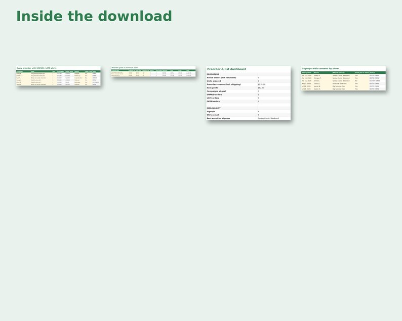 Inside the Preorder & Mailing List Tracker: sample pages