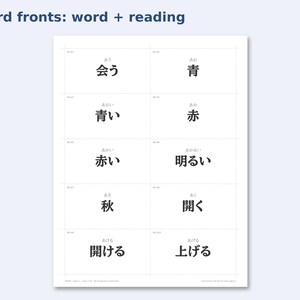 N5 Japanese Vocabulary Flashcards preview: Card fronts: word + reading