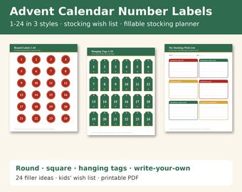 Advent Calendar Number Labels 1-24 Printable, DIY Advent Tags, Stocking Stuffer Wish List, Christmas Countdown Stickers, Gift Tags