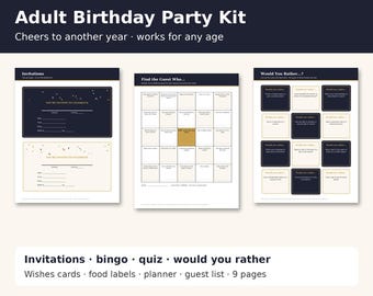 Adult Birthday Party Games Printable, Find the Guest Bingo, Birthday Quiz, Would You Rather Cards, Invitation, Milestone Birthday Kit