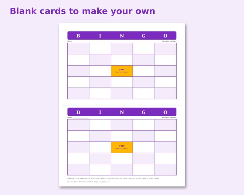 Anime Convention Bingo preview: Blank cards to make your own