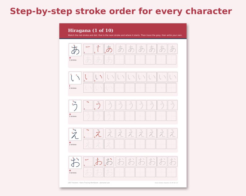 Hiragana & Katakana Workbook preview: Step-by-step stroke order for every character