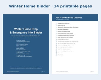 Puede incluir: Un archivador de invierno para el hogar con 14 páginas imprimibles. La portada es azul oscuro con texto blanco Winter Home Prep & Emergency Info Binder. La segunda página es una lista de control blanca Fall-to-Winter Home Checklist.