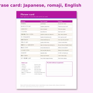 Japan Trip Planner for Anime Fans preview: Phrase card: Japanese, romaji, English