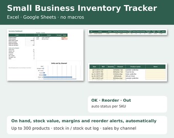 Inventory Spreadsheet for Small Business, Product Stock Tracker, Reorder Alerts and Margins, Maker Inventory Sheet, Excel Google Sheets