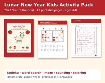 Lunar New Year Kids Activity Pack 2027, Year of the Goat Printable Worksheets, Picture Sudoku, Word Search, Maze, Lantern Craft