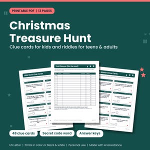 Könnte beinhalten: Ein druckbares PDF-Weihnachtsschatzsuche-Set mit 13 Seiten voller Hinweiskarten für Kinder und Rätseln für Jugendliche und Erwachsene. Enthält einen Routenplaner für den Gastgeber, 48 Hinweiskarten, geheime Codewörter und Lösungsschlüssel.