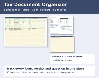 Tax Document Organizer Spreadsheet, Tax Prep Checklist, Receipt Tracker, Tax Season Planner for Excel and Google Sheets, 2026 Tax Year