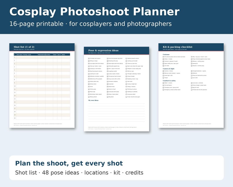 Cosplay Photoshoot Planner cover showing sample pages