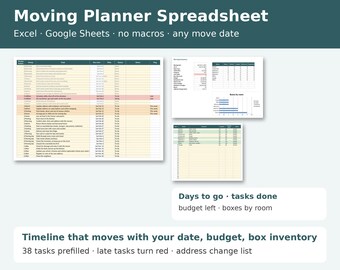 Moving Checklist Spreadsheet, Moving Planner with Timeline, Box Inventory, Moving Budget, Address Change List, Excel and Google Sheets