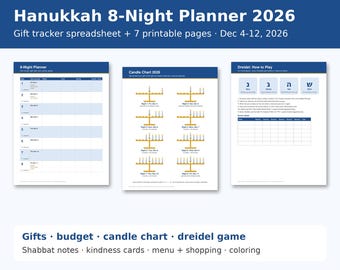 Hanukkah Planner 2026, 8 Nights Gift Tracker Spreadsheet, Chanukah Printable, Dreidel Game, Menorah Candle Chart, Excel Google Sheets