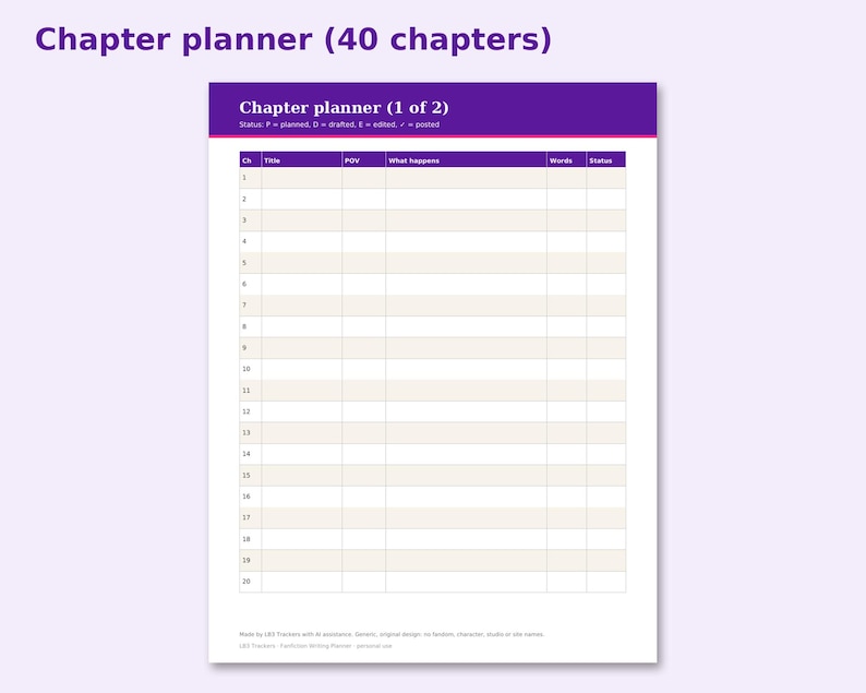 Fanfiction Writing Planner preview: Chapter planner (40 chapters)