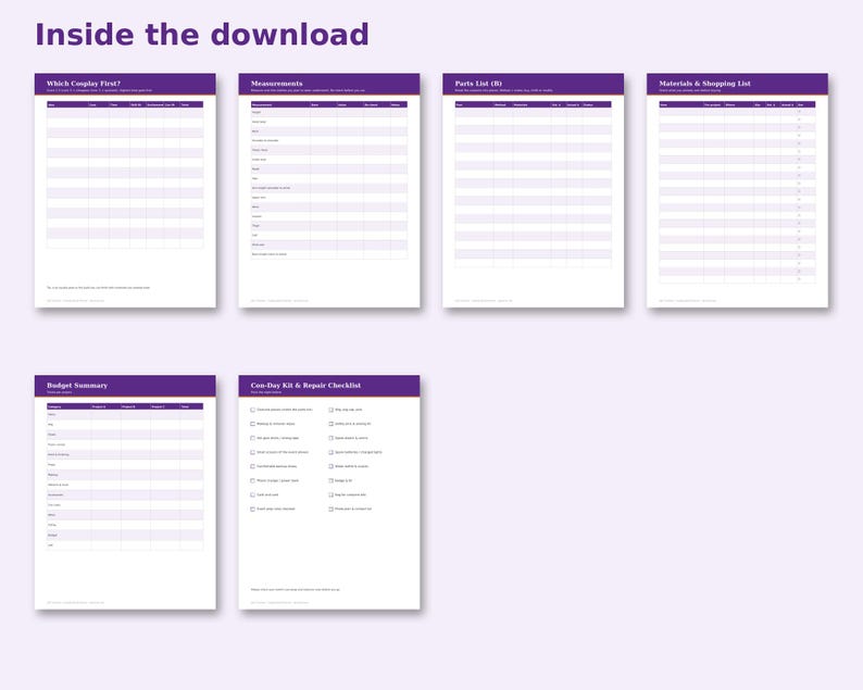 Inside the Cosplay Build Planner: sample pages