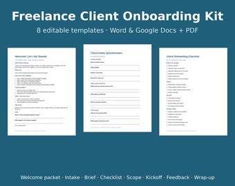 Puede incluir: Un kit digital de incorporación de clientes para trabajadores independientes con ocho plantillas editables en formatos Word, Google Docs y PDF. Incluye un paquete de bienvenida, cuestionario de admisión y lista de control.