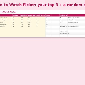Anime Watch Tracker preview: Plan-to-Watch Picker: your top 3 + a random pick